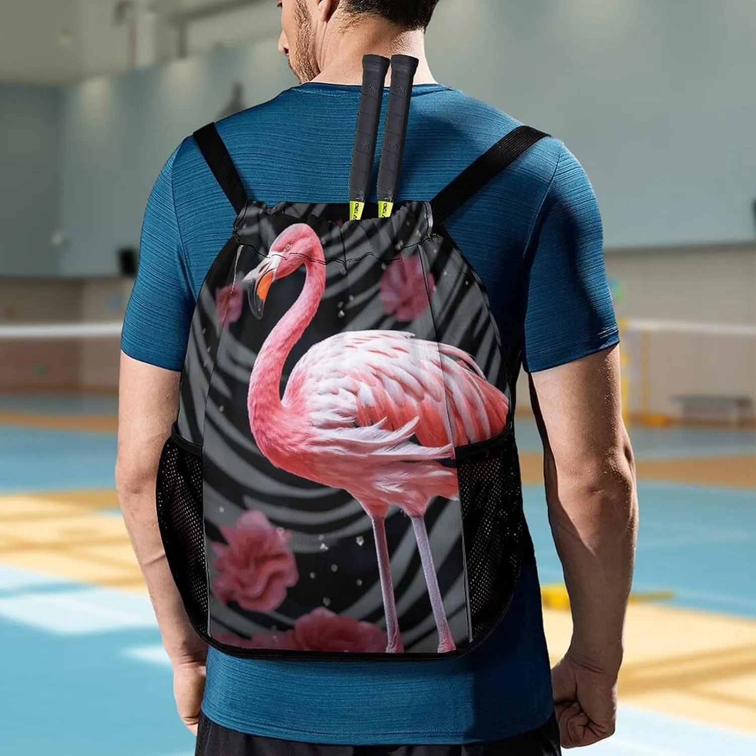 Drawstring Backpack,Flamingo Printed Drawstring Bags,String Backpack with Shoes Compartment And Wet Proof Pocket,Small Sports Gym Cinch Bags for Women & Men