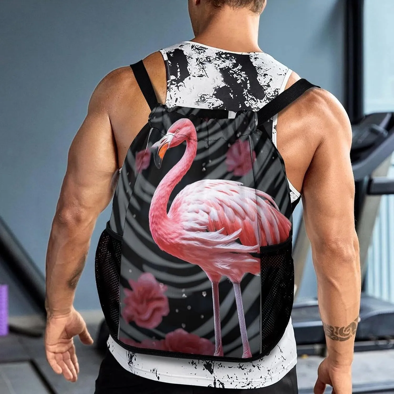 Drawstring Backpack,Flamingo Printed Drawstring Bags,String Backpack with Shoes Compartment And Wet Proof Pocket,Small Sports Gym Cinch Bags for Women & Men