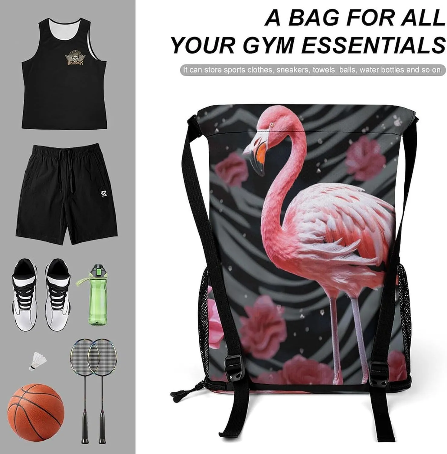 Drawstring Backpack,Flamingo Printed Drawstring Bags,String Backpack with Shoes Compartment And Wet Proof Pocket,Small Sports Gym Cinch Bags for Women & Men