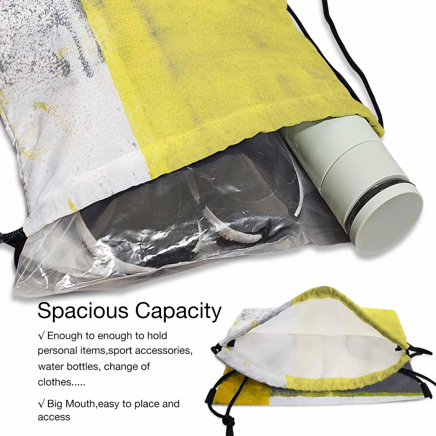 Drawstring Bag Abstract Pattern Waterproof Basketball Bag Grey Yellow White Art Painting Stroage Small Exercise Accessiors Water Bottle Change of Clothes Shoes Ball