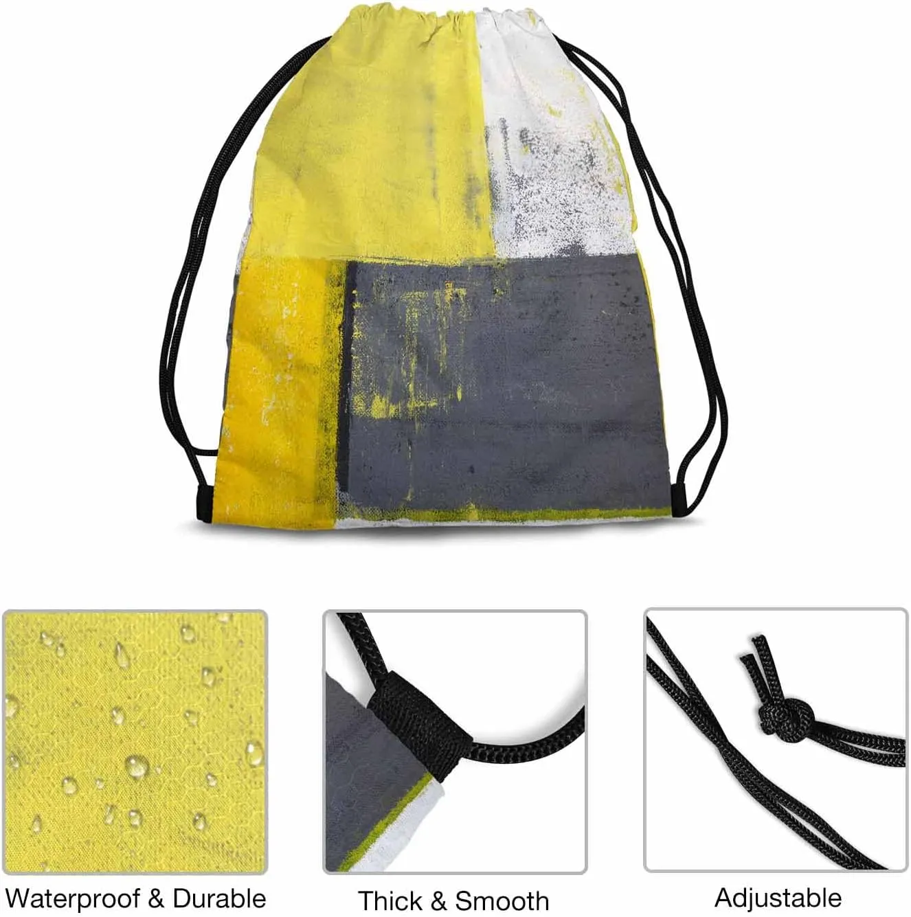 Drawstring Bag Abstract Pattern Waterproof Basketball Bag Grey Yellow White Art Painting Stroage Small Exercise Accessiors Water Bottle Change of Clothes Shoes Ball