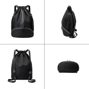 Drawstring Gym Bag for Men, Waterproof Drawstring Backpack for Women, Swim with Shoes Compartment, Pull String Sport Bag for Soccer and Basketball. (Grey)