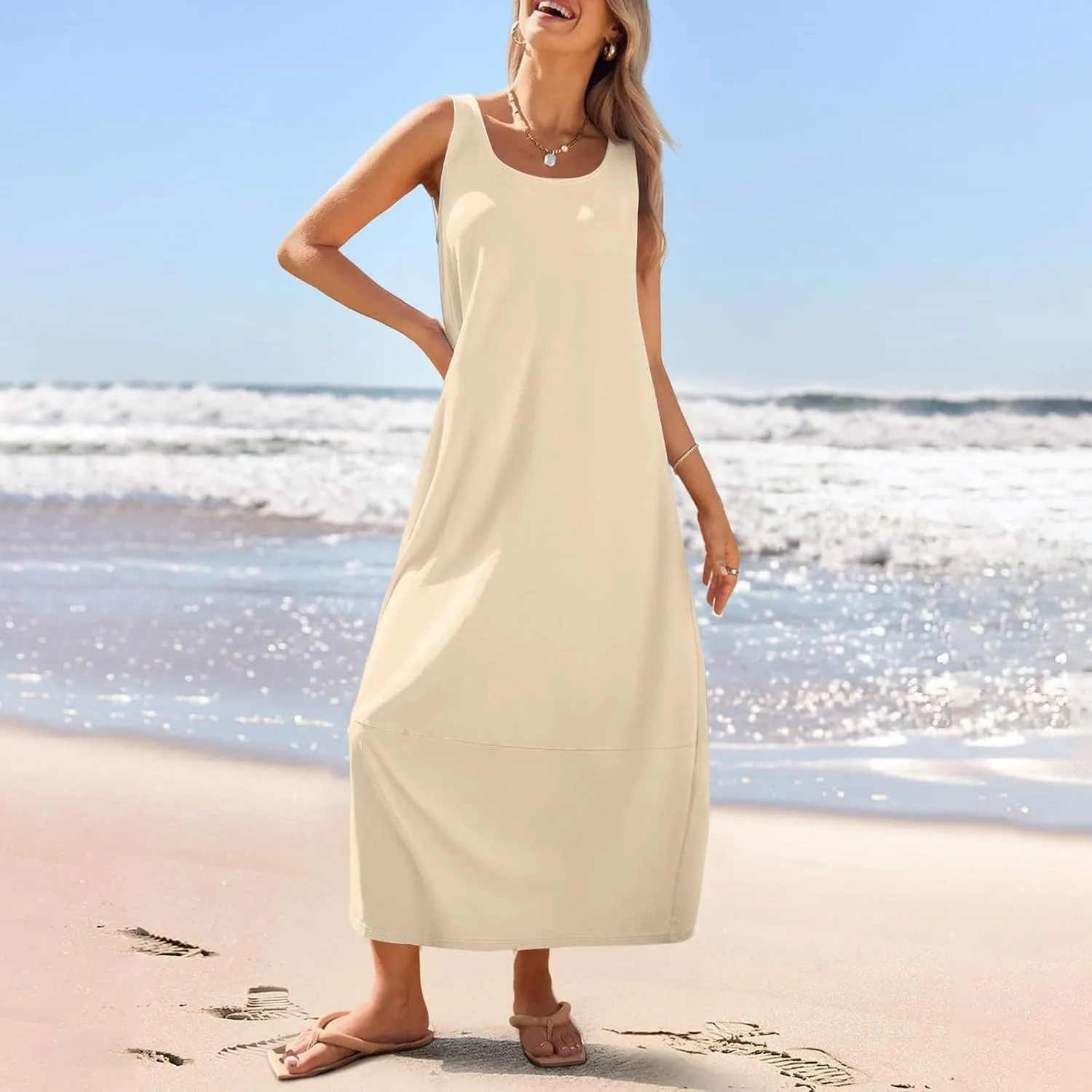 Dresses for Women 2025 Summer Casual Maxi Dress Scoop Neck Sleeveless Sundress Loose Flowy Beach Vacation Tank Dress