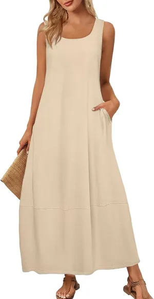 Dresses for Women 2025 Summer Casual Maxi Dress Scoop Neck Sleeveless Sundress Loose Flowy Beach Vacation Tank Dress