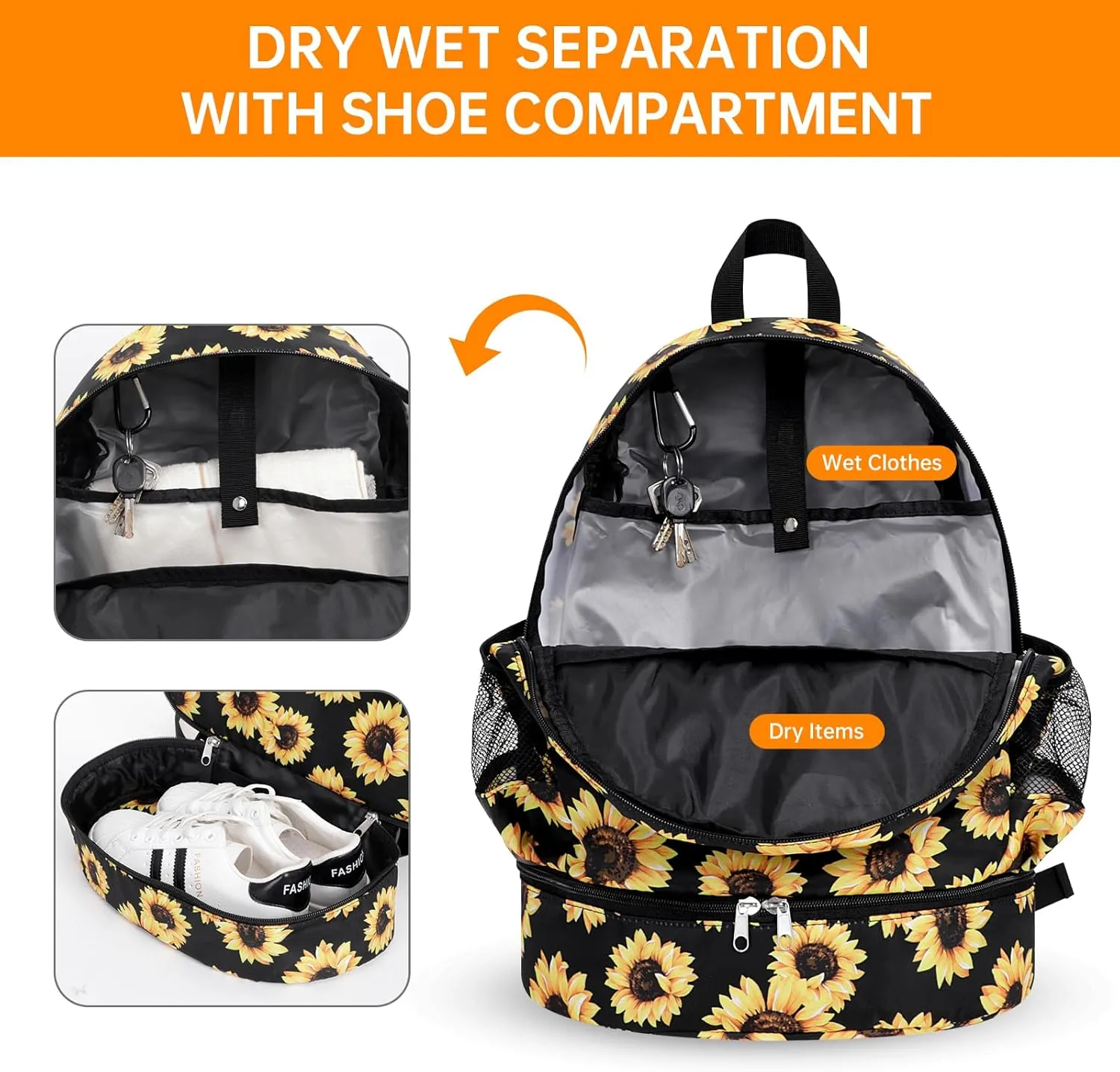 Dry Wet Gym Backpack with Shoe Compartment for Women Men Packable Anti-Water Sports Bag for Swimming Beach Yoga Travel, Sunflower