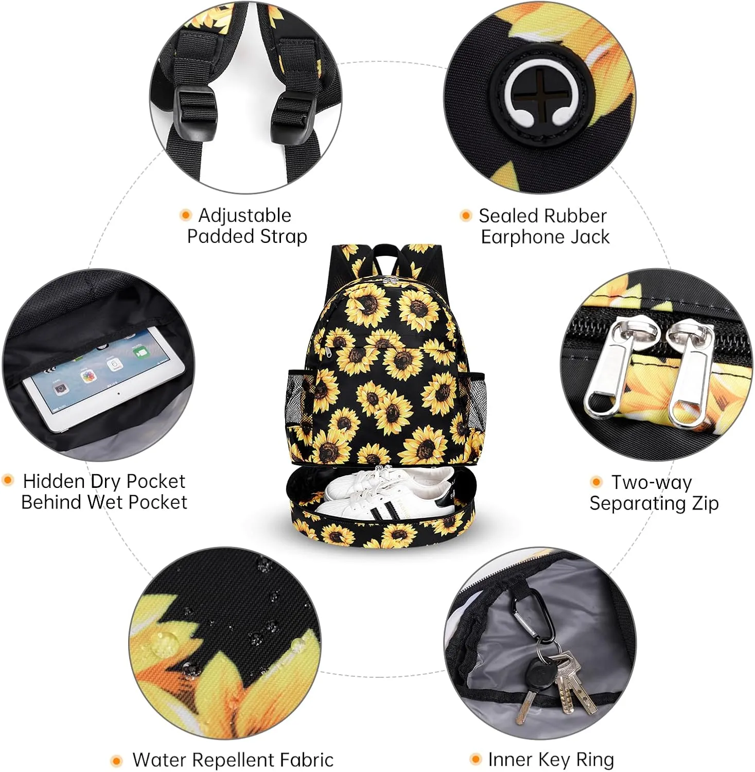 Dry Wet Gym Backpack with Shoe Compartment for Women Men Packable Anti-Water Sports Bag for Swimming Beach Yoga Travel, Sunflower