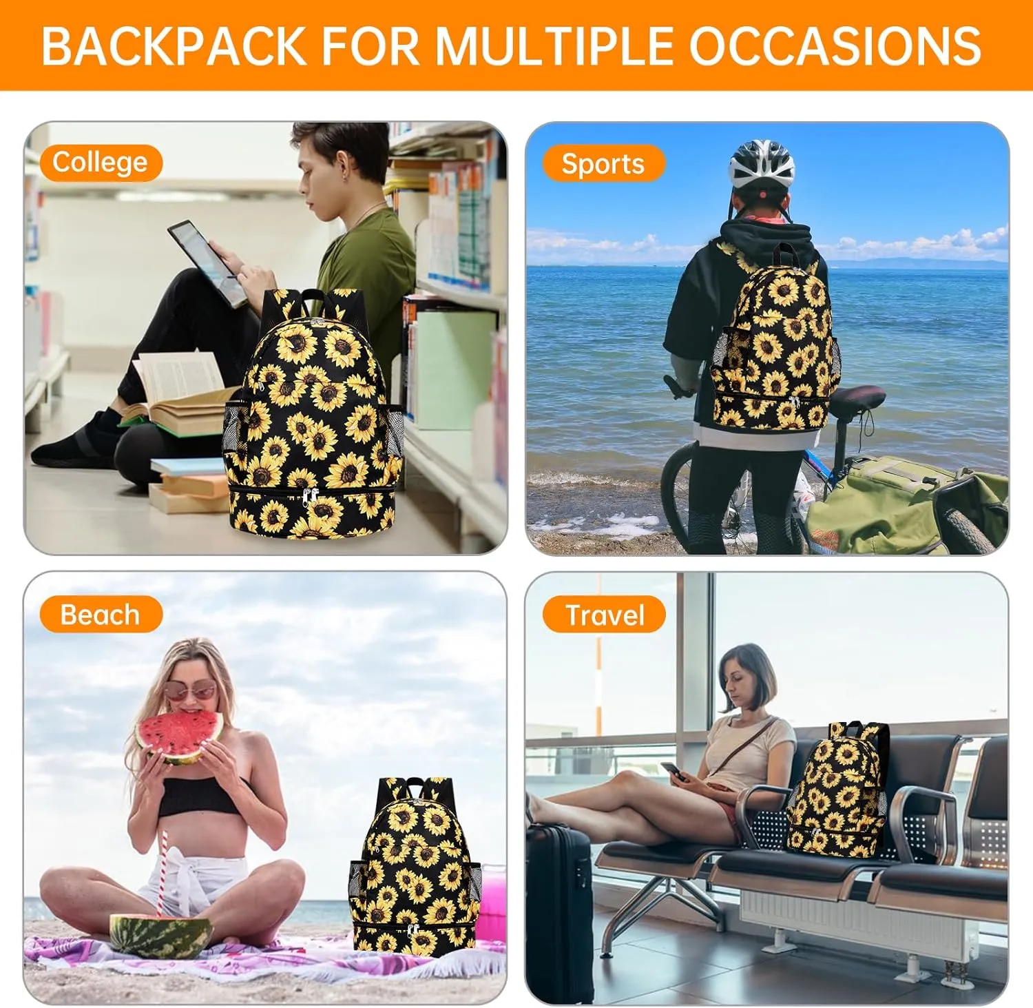 Dry Wet Gym Backpack with Shoe Compartment for Women Men Packable Anti-Water Sports Bag for Swimming Beach Yoga Travel, Sunflower