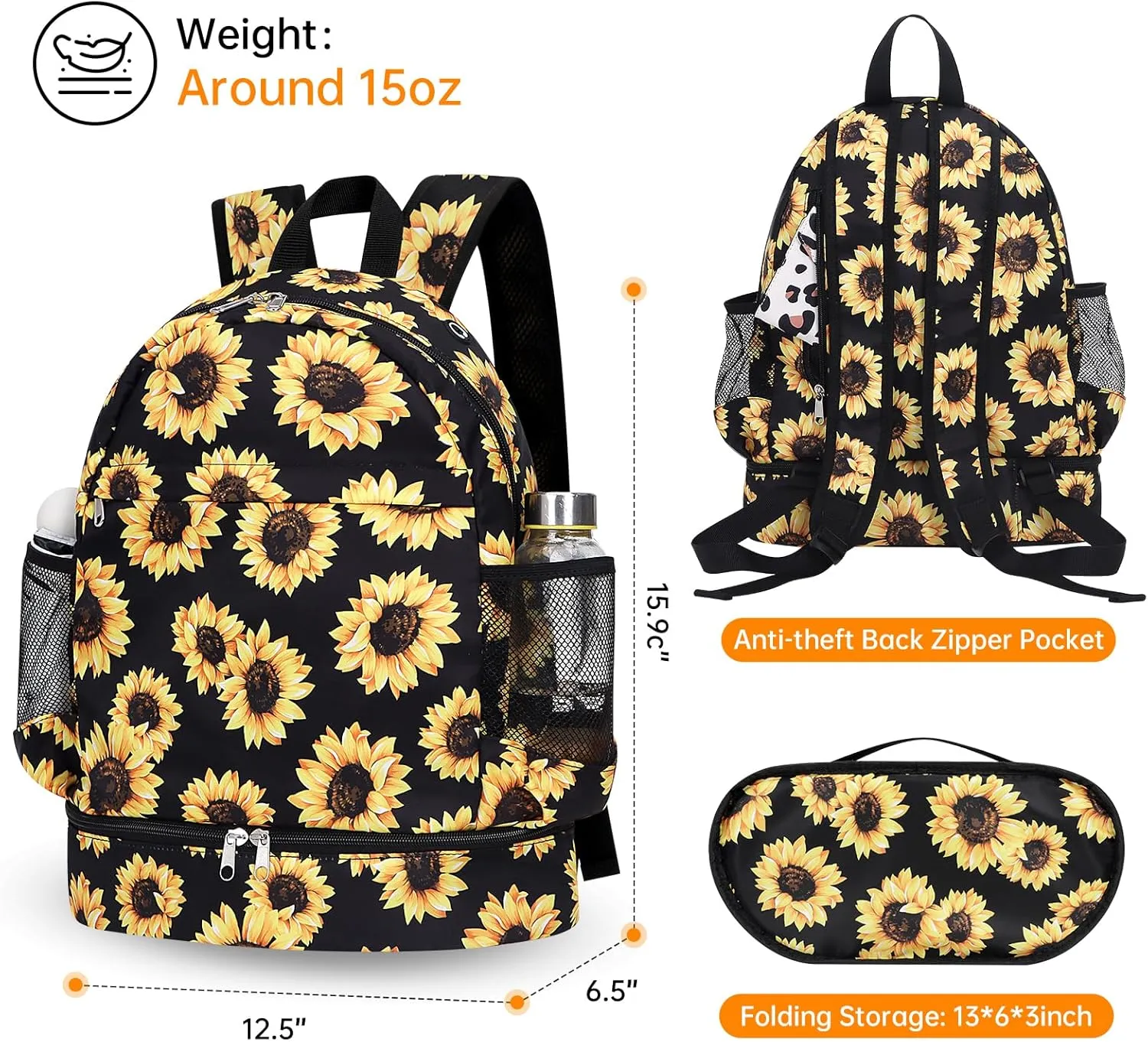 Dry Wet Gym Backpack with Shoe Compartment for Women Men Packable Anti-Water Sports Bag for Swimming Beach Yoga Travel, Sunflower