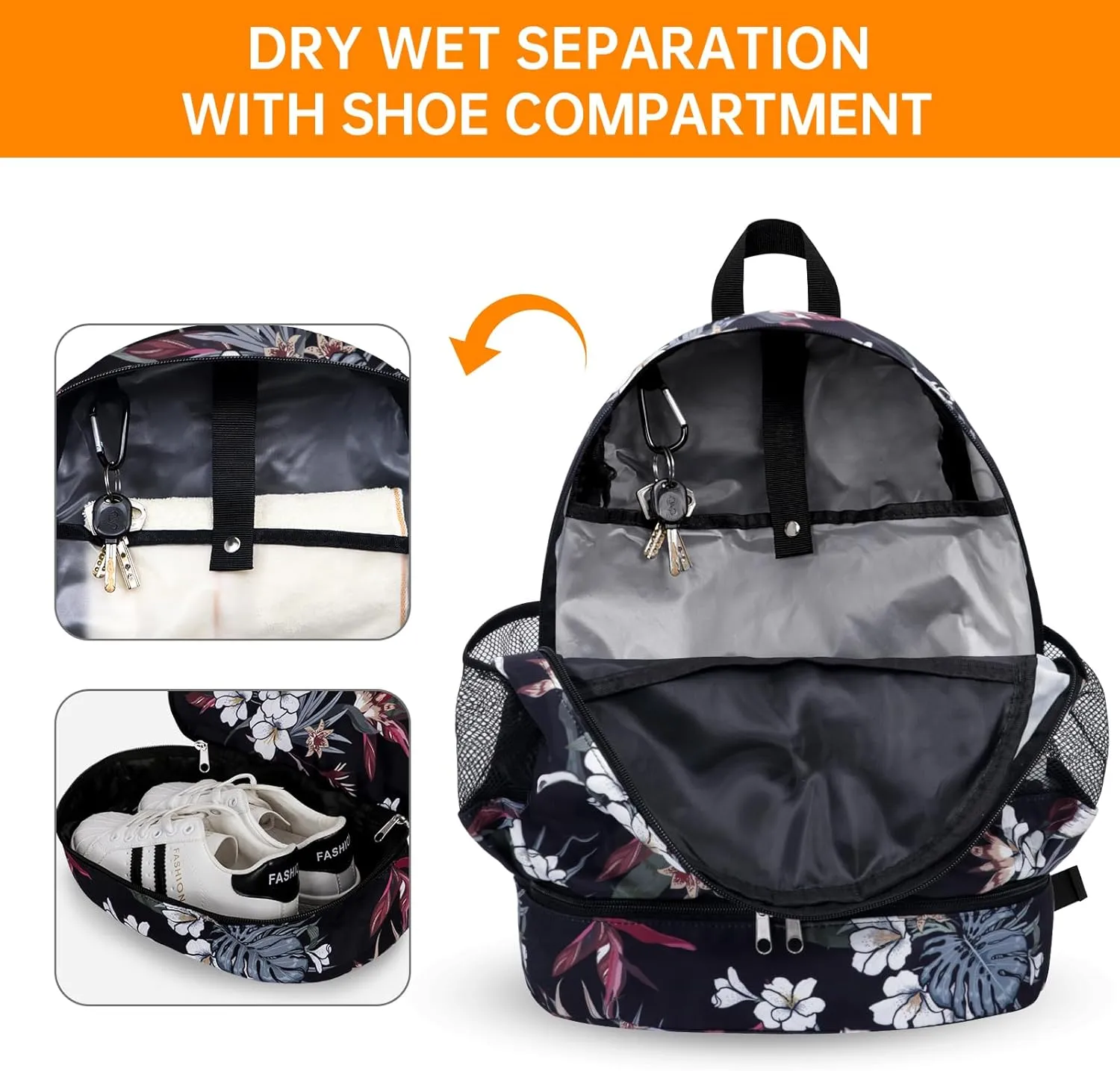 Dry Wet Gym Backpack with Shoe Compartment for Women Men Packable Anti-Water Sports Bag for Swimming Beach Yoga Travel, Tropical Flower