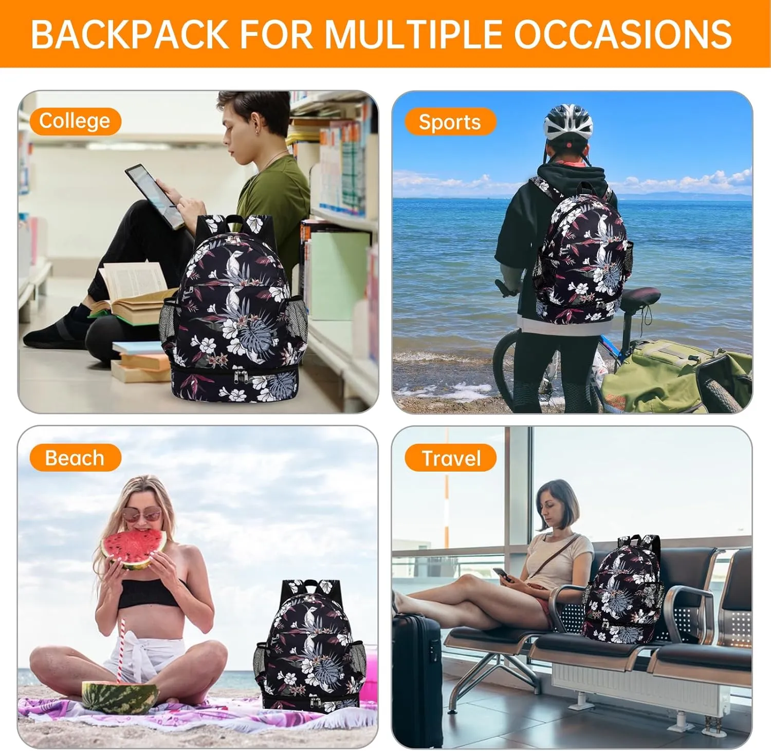 Dry Wet Gym Backpack with Shoe Compartment for Women Men Packable Anti-Water Sports Bag for Swimming Beach Yoga Travel, Tropical Flower