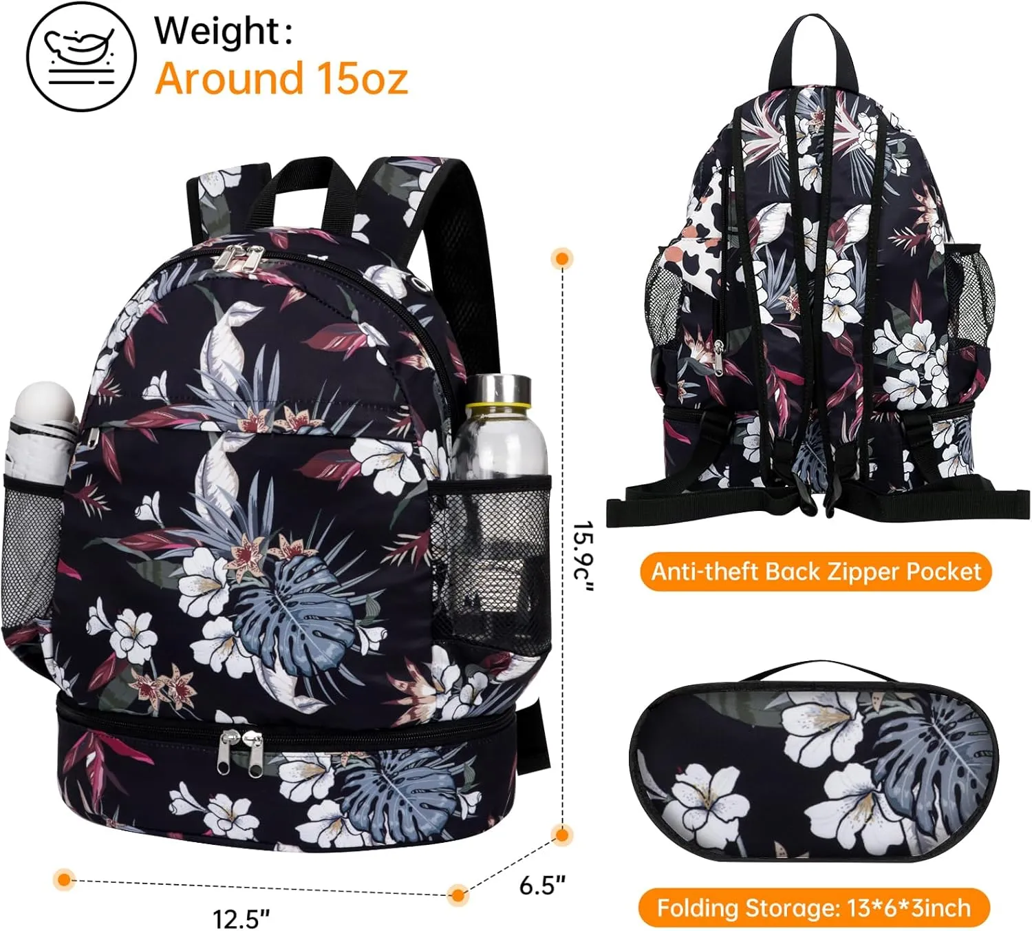 Dry Wet Gym Backpack with Shoe Compartment for Women Men Packable Anti-Water Sports Bag for Swimming Beach Yoga Travel, Tropical Flower