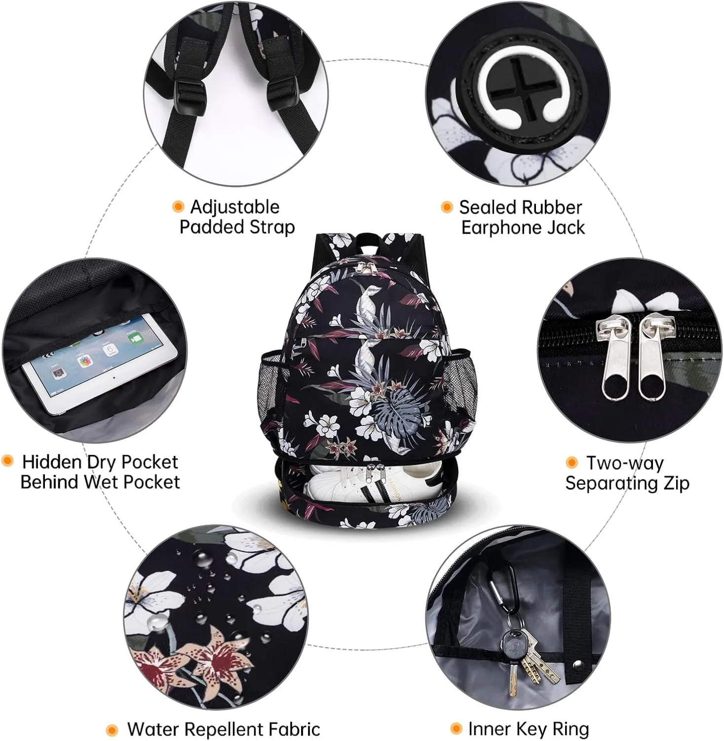Dry Wet Gym Backpack with Shoe Compartment for Women Men Packable Anti-Water Sports Bag for Swimming Beach Yoga Travel, Tropical Flower