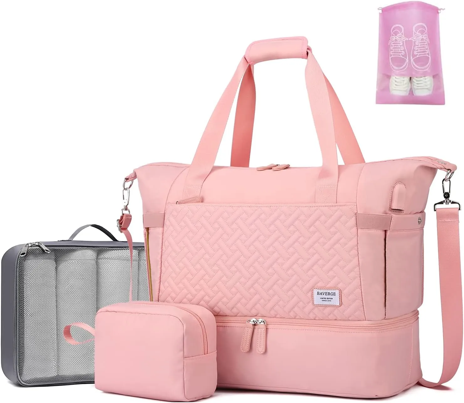 Duffle Bag for Travel, Weekender Bag with Shoe Compartment, Carry On Overnight Bag for Women with Toiletry Bag, 50L Gym Bag with Wet Pocket, Hospital Bags for Labor and Delivery, Pink-3pcs, 18.9 x 9 x
