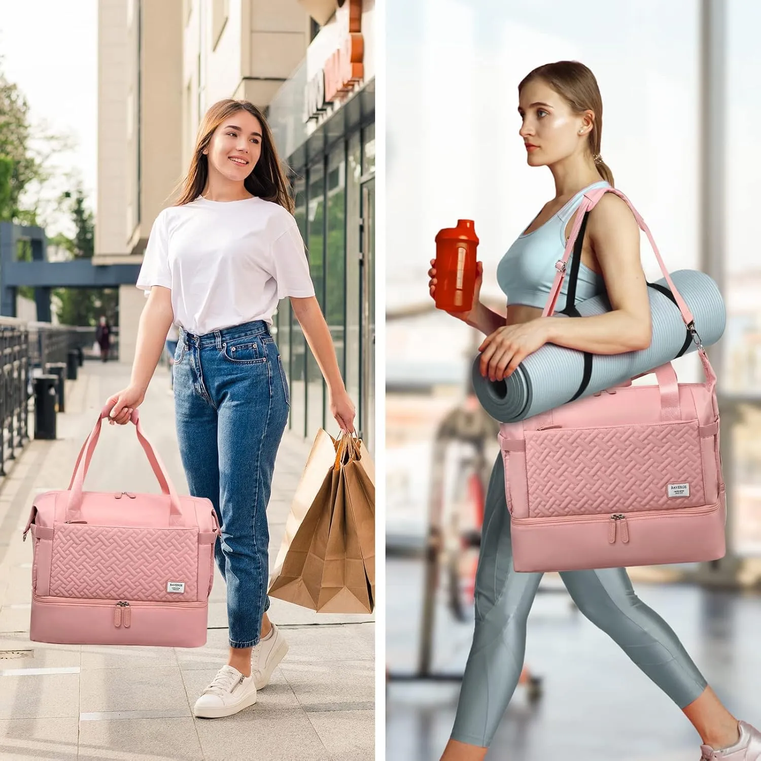 Duffle Bag for Travel, Weekender Bag with Shoe Compartment, Carry On Overnight Bag for Women with Toiletry Bag, 50L Gym Bag with Wet Pocket, Hospital Bags for Labor and Delivery, Pink-3pcs, 18.9 x 9 x