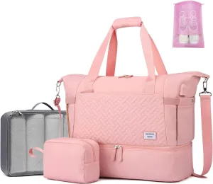 Duffle Bag for Travel, Weekender Bag with Shoe Compartment, Carry On Overnight Bag for Women with Toiletry Bag, 50L Gym Bag with Wet Pocket, Hospital Bags for Labor and Delivery, Pink-3pcs, 18.9 x 9 x