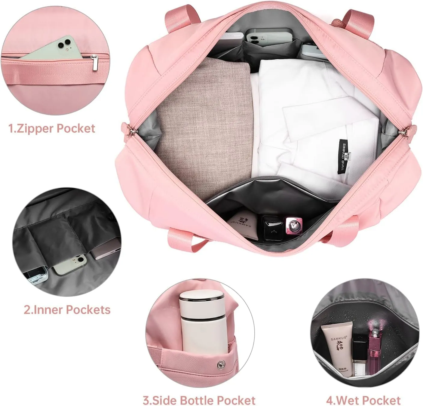 Duffle Bag for Travel, Weekender Bag with Shoe Compartment, Carry On Overnight Bag for Women with Toiletry Bag, 50L Gym Bag with Wet Pocket, Hospital Bags for Labor and Delivery, Pink-3pcs, 18.9 x 9 x