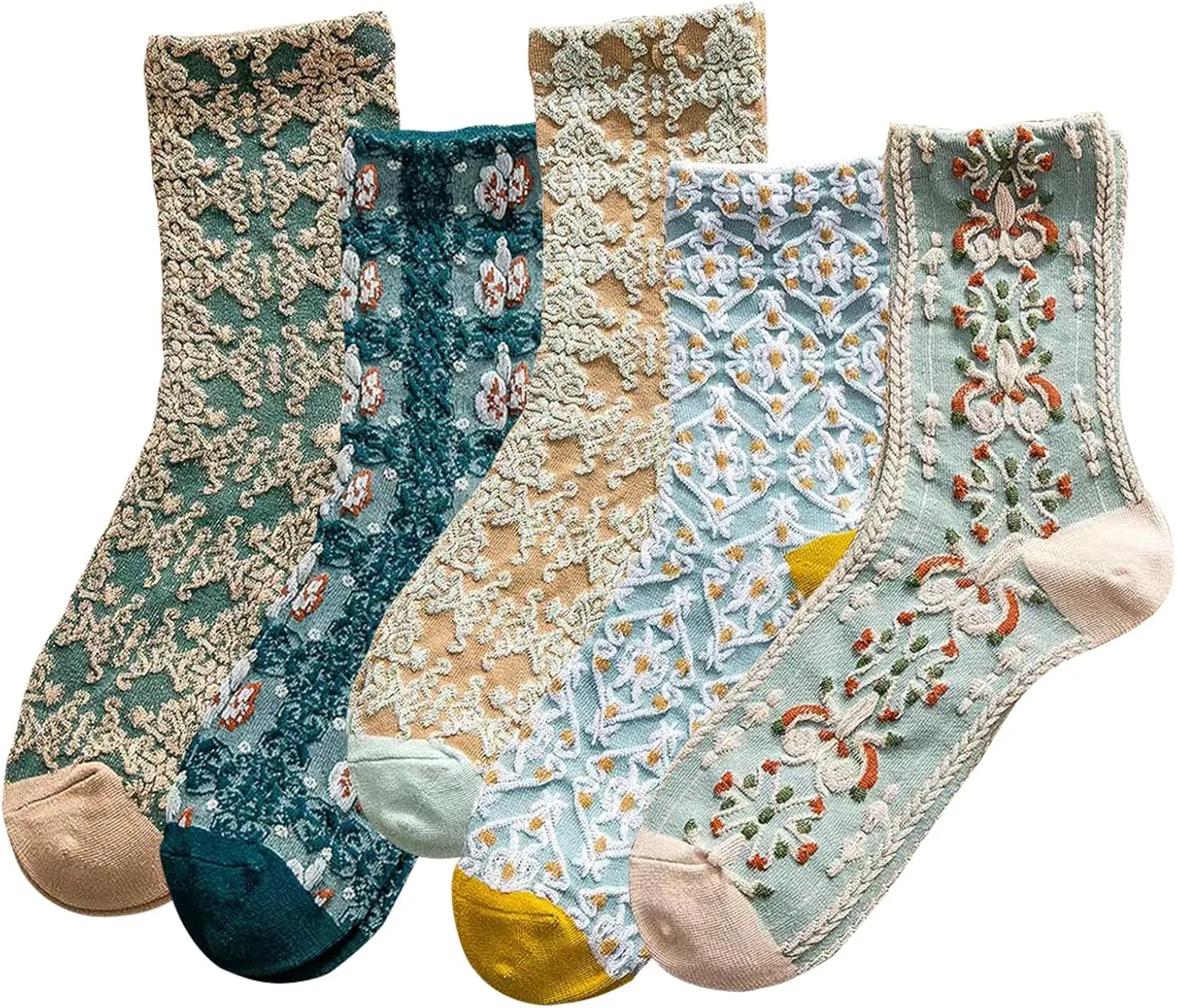 DXYAKY 5 Pairs Womens Floral Cotton Socks Vintage Patterned Crew Socks Novelty Ankle Ruffled Warm Casual Dress Socks