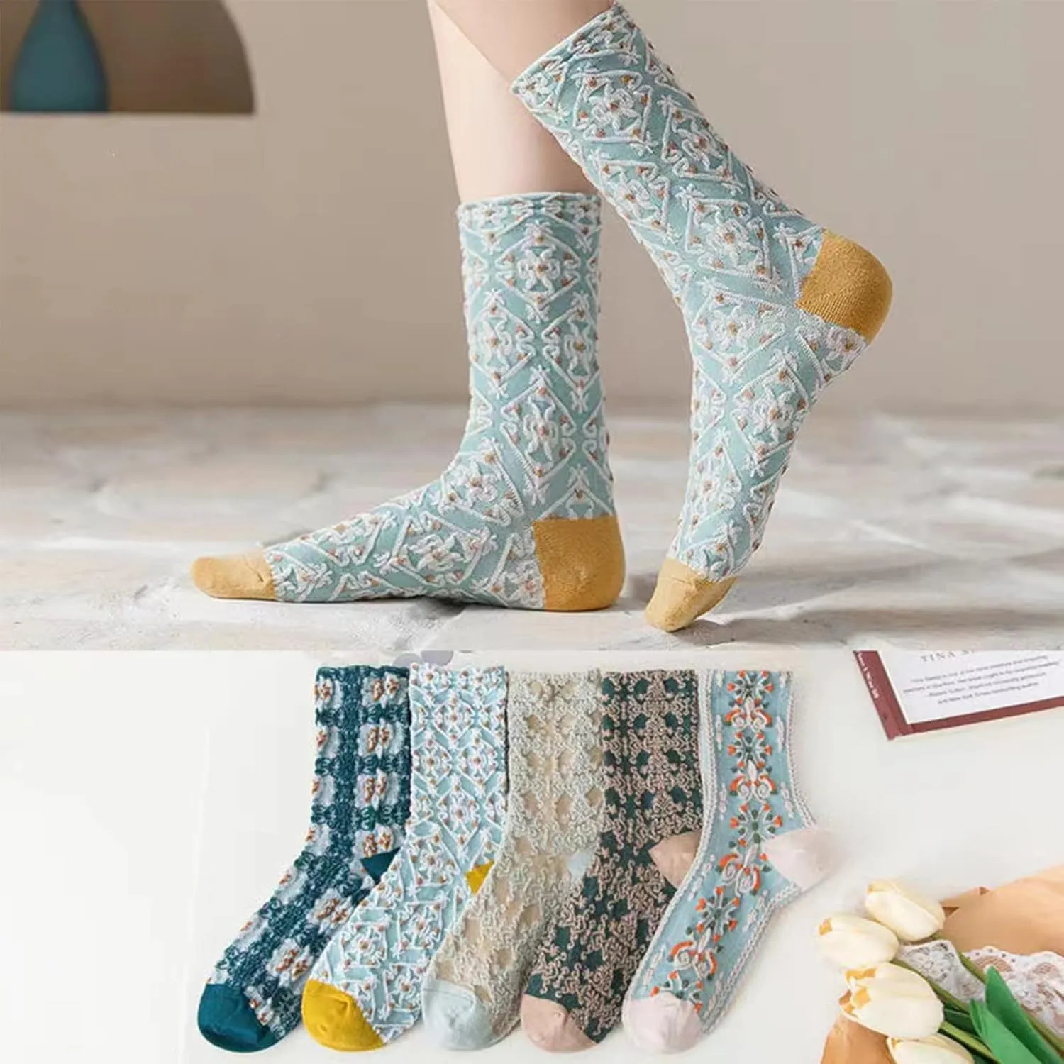DXYAKY 5 Pairs Womens Floral Cotton Socks Vintage Patterned Crew Socks Novelty Ankle Ruffled Warm Casual Dress Socks