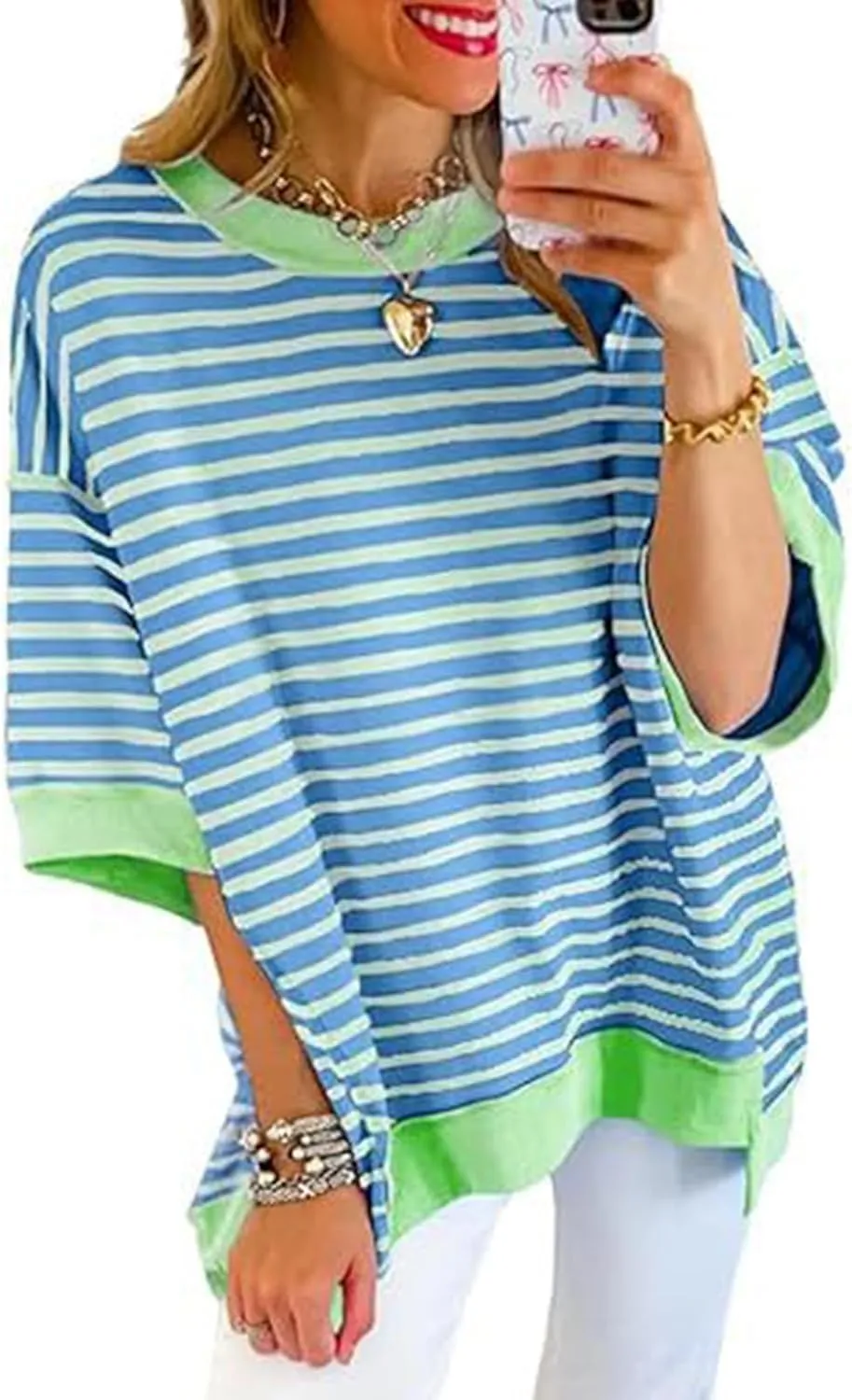 ebossy Womens Summer Striped T Shirts Oversized Color Block Short Sleeve Tops Casual Loose Crewneck Tees