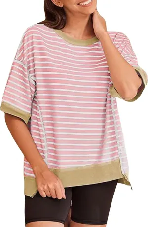 ebossy Womens Summer Striped T Shirts Oversized Color Block Short Sleeve Tops Casual Loose Crewneck Tees
