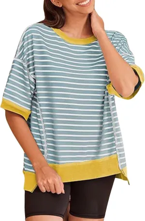 ebossy Womens Summer Striped T Shirts Oversized Color Block Short Sleeve Tops Casual Loose Crewneck Tees