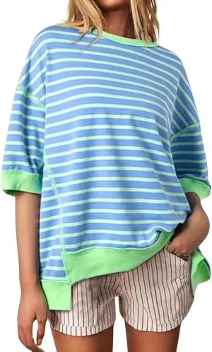 ebossy Womens Summer Striped T Shirts Oversized Color Block Short Sleeve Tops Casual Loose Crewneck Tees