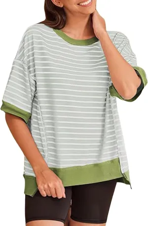 ebossy Womens Summer Striped T Shirts Oversized Color Block Short Sleeve Tops Casual Loose Crewneck Tees