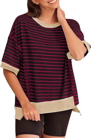 ebossy Womens Summer Striped T Shirts Oversized Color Block Short Sleeve Tops Casual Loose Crewneck Tees