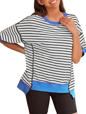 ebossy Womens Summer Striped T Shirts Oversized Color Block Short Sleeve Tops Casual Loose Crewneck Tees