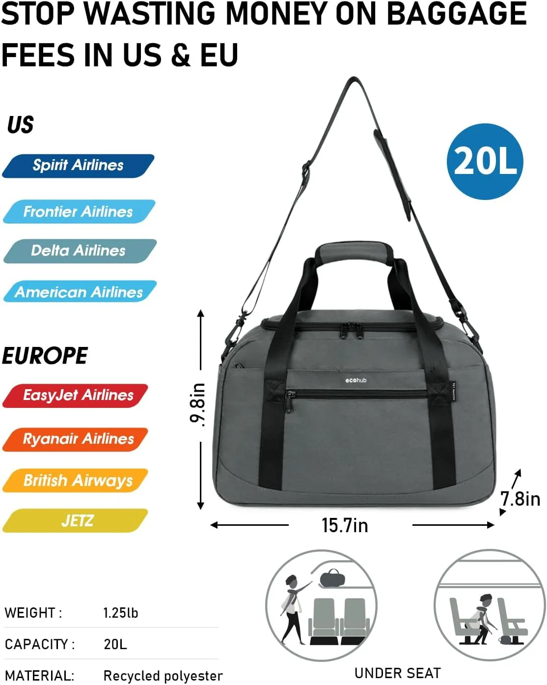 ECOHUB Personal Item 16'' Small Duffel Travel Essentials Gym Tote Overnight Weekender for Women and Men Shoulder Carry On Shoes Bag (Grey)