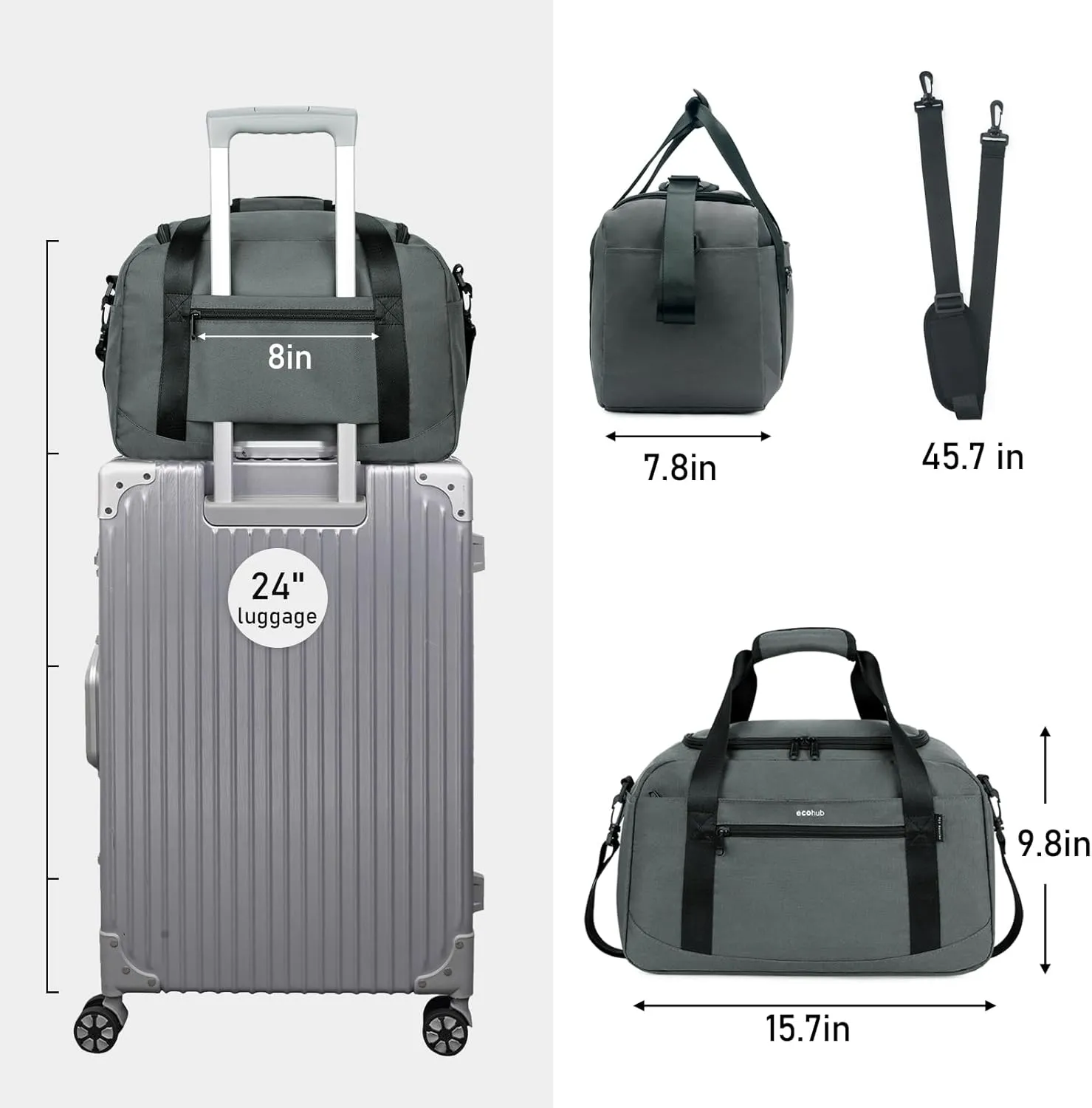 ECOHUB Personal Item 16'' Small Duffel Travel Essentials Gym Tote Overnight Weekender for Women and Men Shoulder Carry On Shoes Bag (Grey)