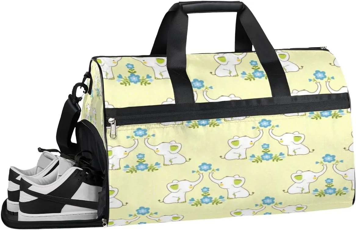 Elephant Flower Resistant Sports Gym Bag for Women Men Travel Duffel bag with Wet Pocket & Shoes Compartment Waterproof Weekender Bag 19.7"x9.9"x13"