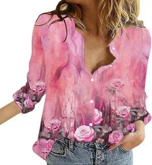 Ethnic Linen Button Down V Neck Shirt 2025 Women Stylish Boho Floral Print Roll Up Sleeve Blouse Collared Shirts
