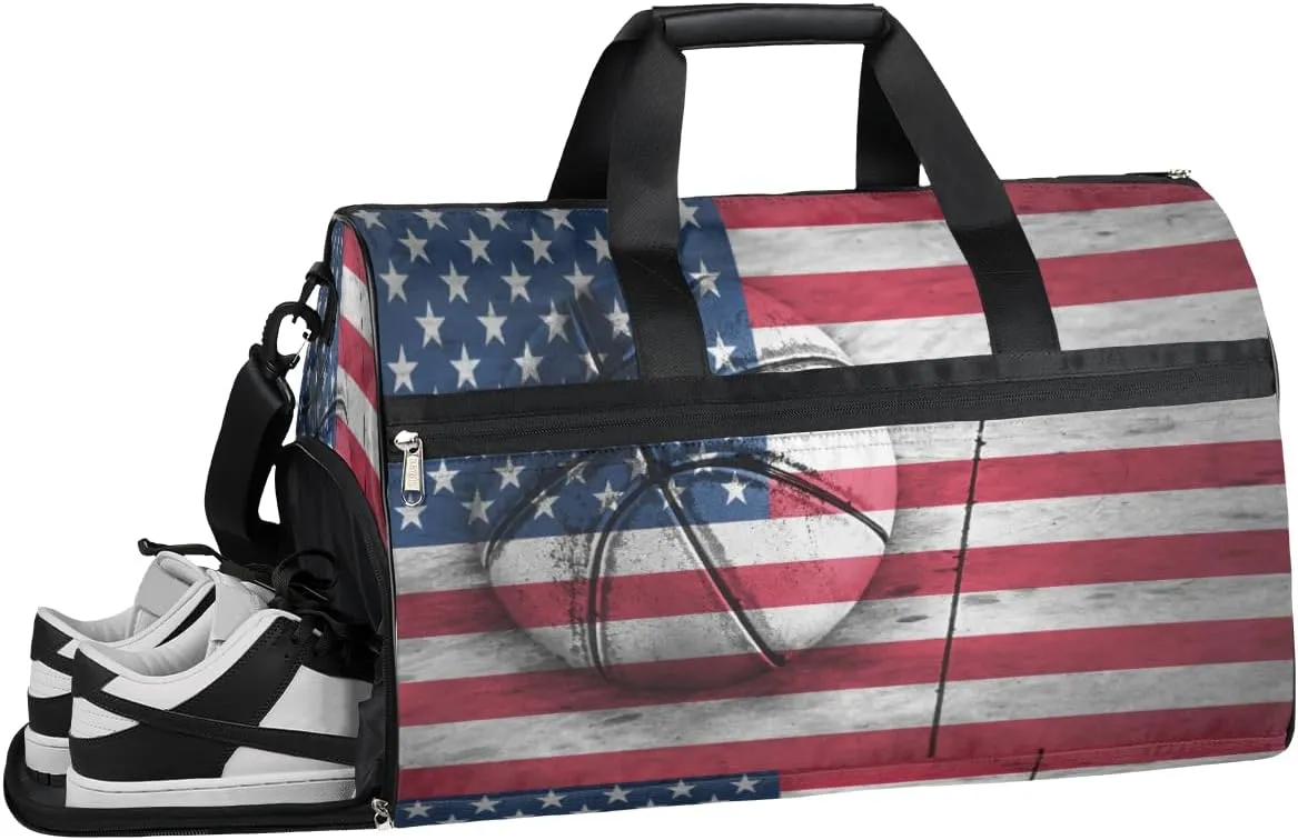 Flag Basketball Resistant Sports Gym Bag for Women Men Travel Duffel bag with Wet Pocket & Shoes Compartment Waterproof Weekender Bag 19.7"x9.9"x13"
