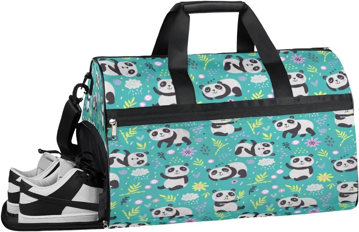 Floral Panda Resistant Sports Gym Bag for Women Men Travel Duffel bag with Wet Pocket & Shoes Compartment Waterproof Weekender Bag 19.7"x9.9"x13"