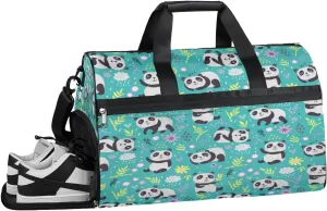 Floral Panda Resistant Sports Gym Bag for Women Men Travel Duffel bag with Wet Pocket & Shoes Compartment Waterproof Weekender Bag 19.7"x9.9"x13"