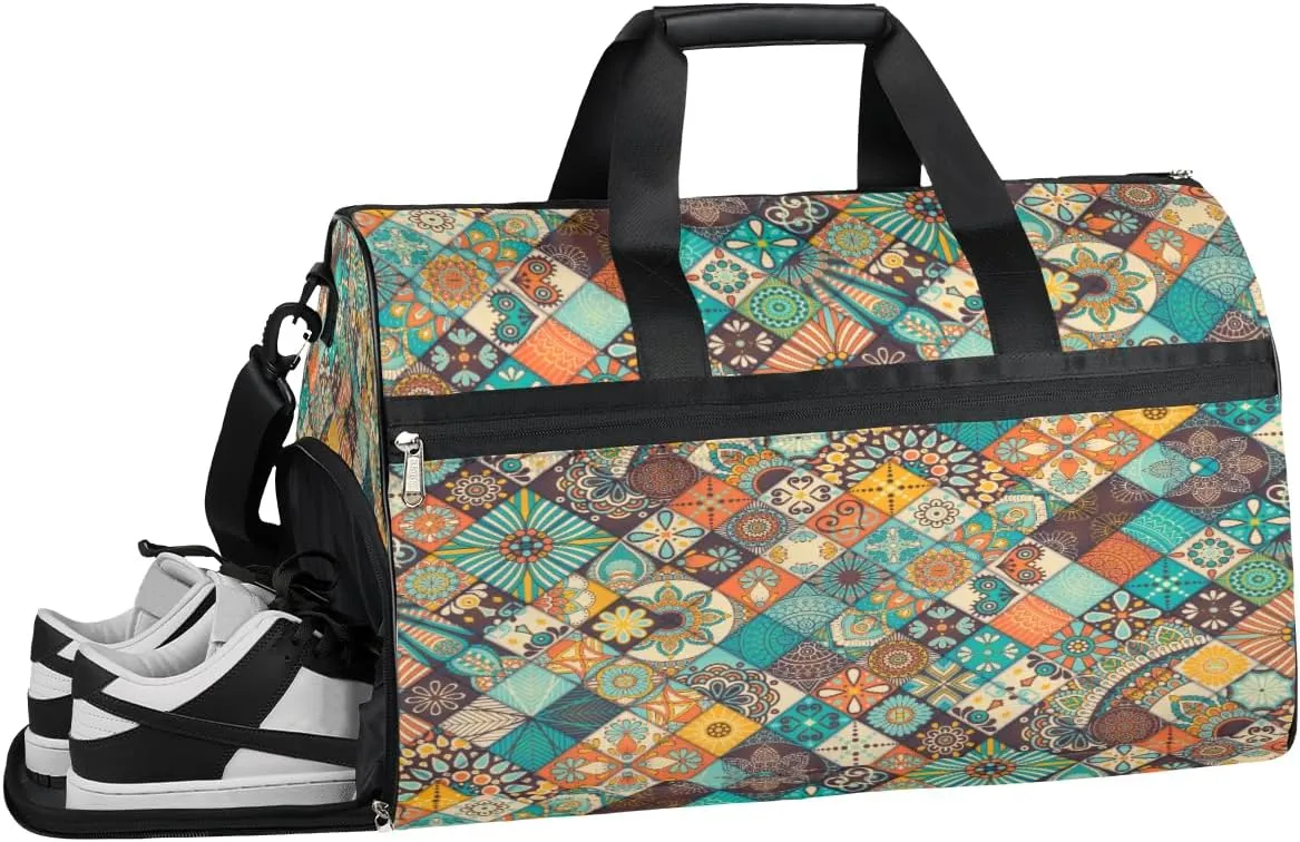 Flower Prints Resistant Sports Gym Bag for Women Men Travel Duffel bag with Wet Pocket & Shoes Compartment Waterproof Weekender Bag 19.7"x9.9"x13"