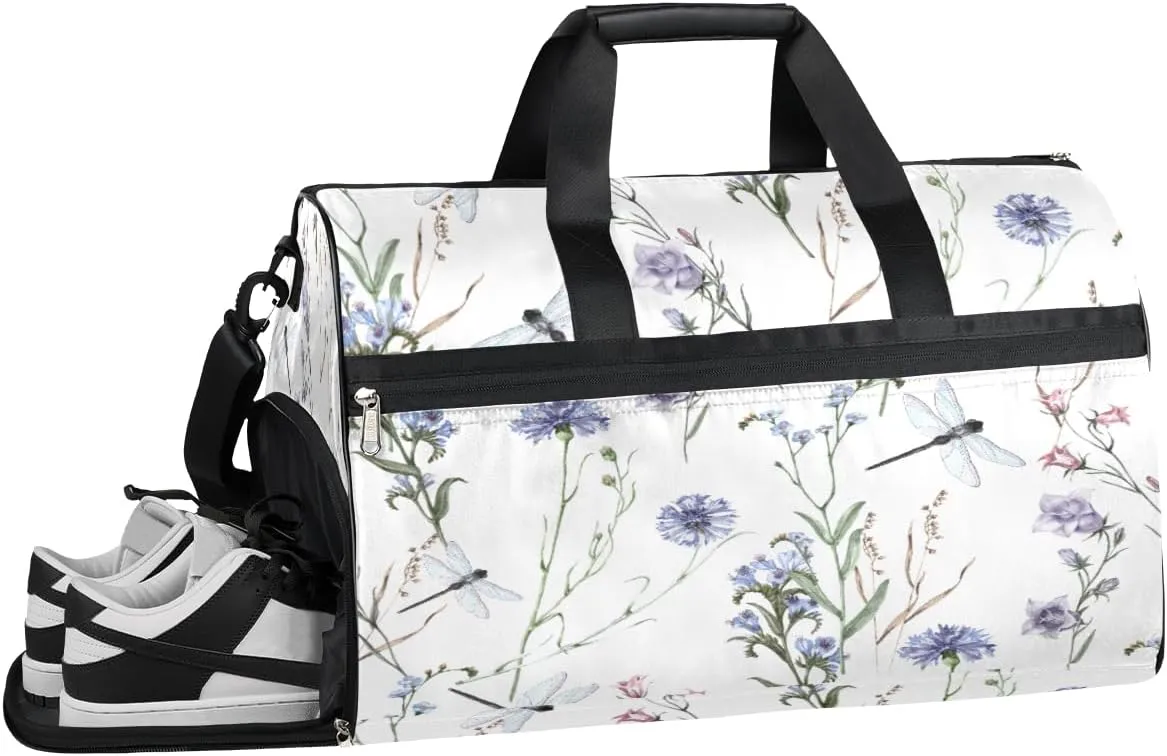 Flowers Dragonfly Resistant Sports Gym Bag for Women Men Travel Duffel bag with Wet Pocket & Shoes Compartment Waterproof Weekender Bag 19.7"x9.9"x13"