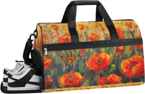 Flowers Poppies Resistant Sports Gym Bag for Women Men Travel Duffel bag with Wet Pocket & Shoes Compartment Waterproof Weekender Bag 19.7"x9.9"x13"