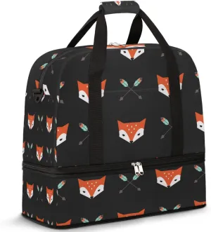 Foxes Faces Arrows Pattern Foldable Travel Duffel Bag Tote Carry On Luggage Sport Duffle for Women Men Gym Bag Overnight Weekender Bags with Shoe Compartments & Shoulder Strap