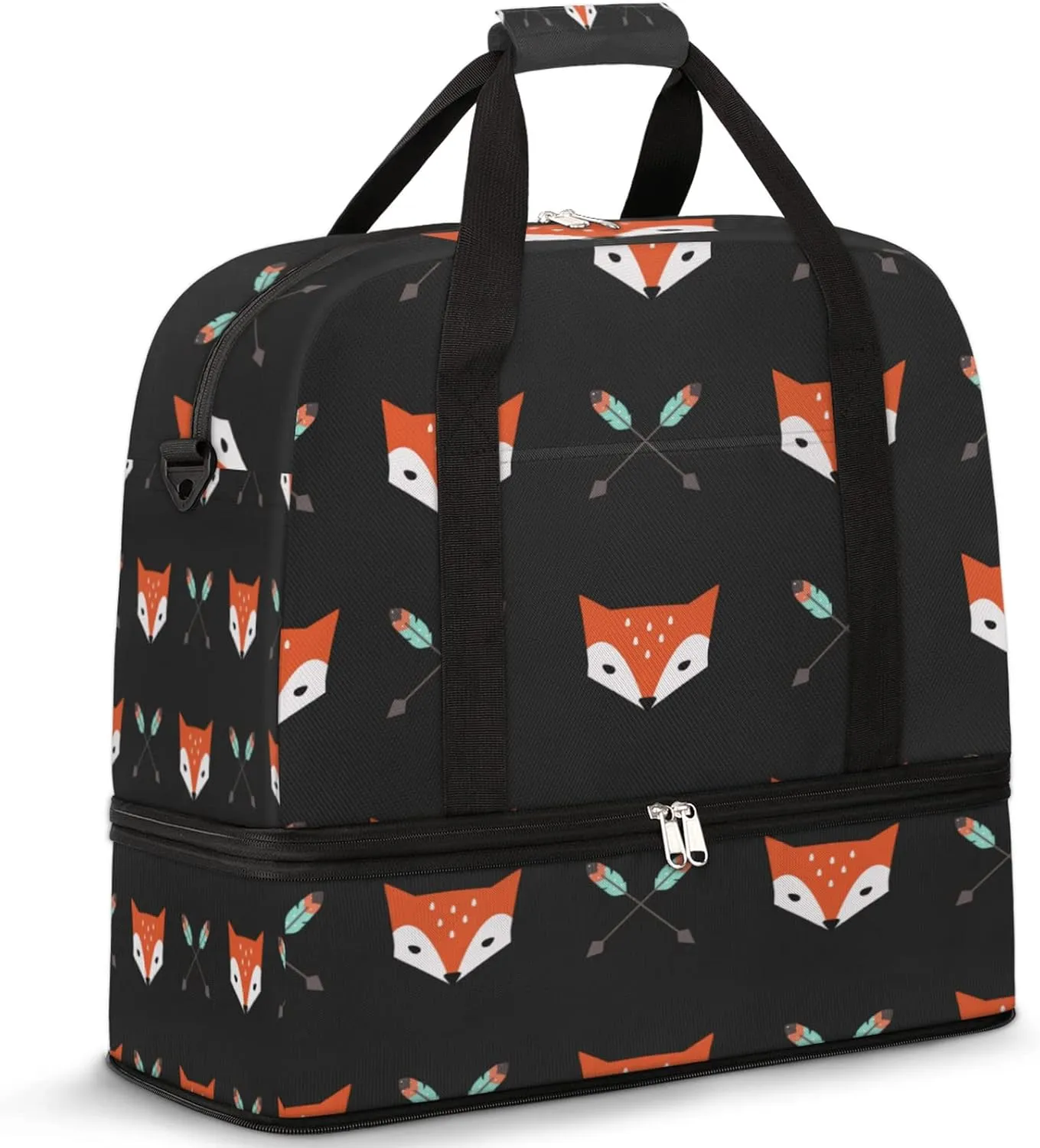 Foxes Faces Arrows Pattern Foldable Travel Duffel Bag Tote Carry On Luggage Sport Duffle for Women Men Gym Bag Overnight Weekender Bags with Shoe Compartments & Shoulder Strap