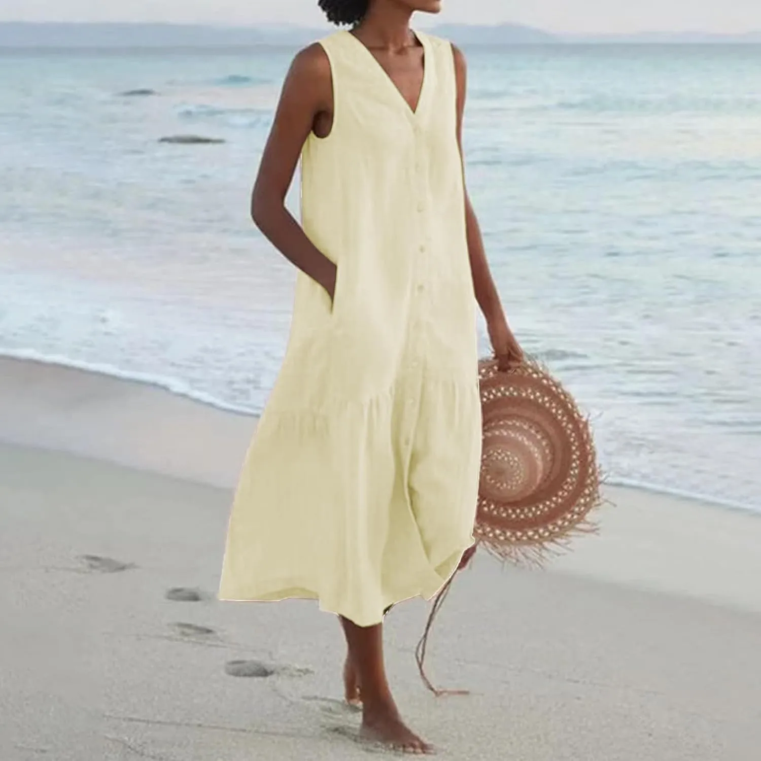 Geleglaer Linen Dresses for Womens Button Down Sleeveless Maxi Dress Casual Cotton Linen Tank Dress Summer Dress 2024