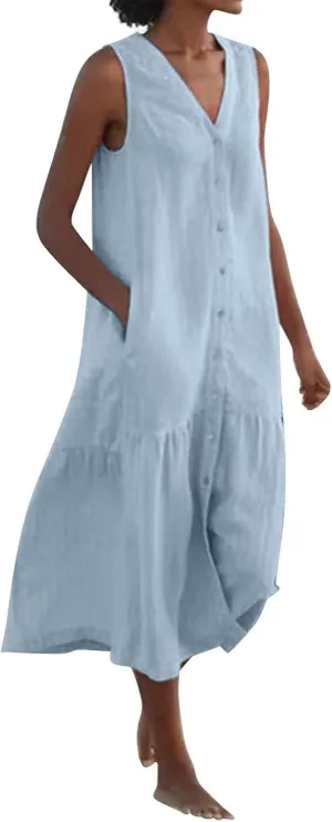 Geleglaer Linen Dresses for Womens Button Down Sleeveless Maxi Dress Casual Cotton Linen Tank Dress Summer Dress 2024