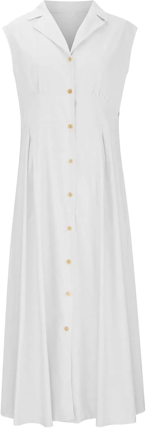 Geleglaer Linen Dresses for Womens Button Down Sleeveless Maxi Dress Casual Cotton Linen Tank Dress Summer Dress 2024