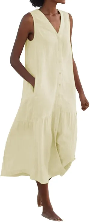 Geleglaer Linen Dresses for Womens Button Down Sleeveless Maxi Dress Casual Cotton Linen Tank Dress Summer Dress 2024
