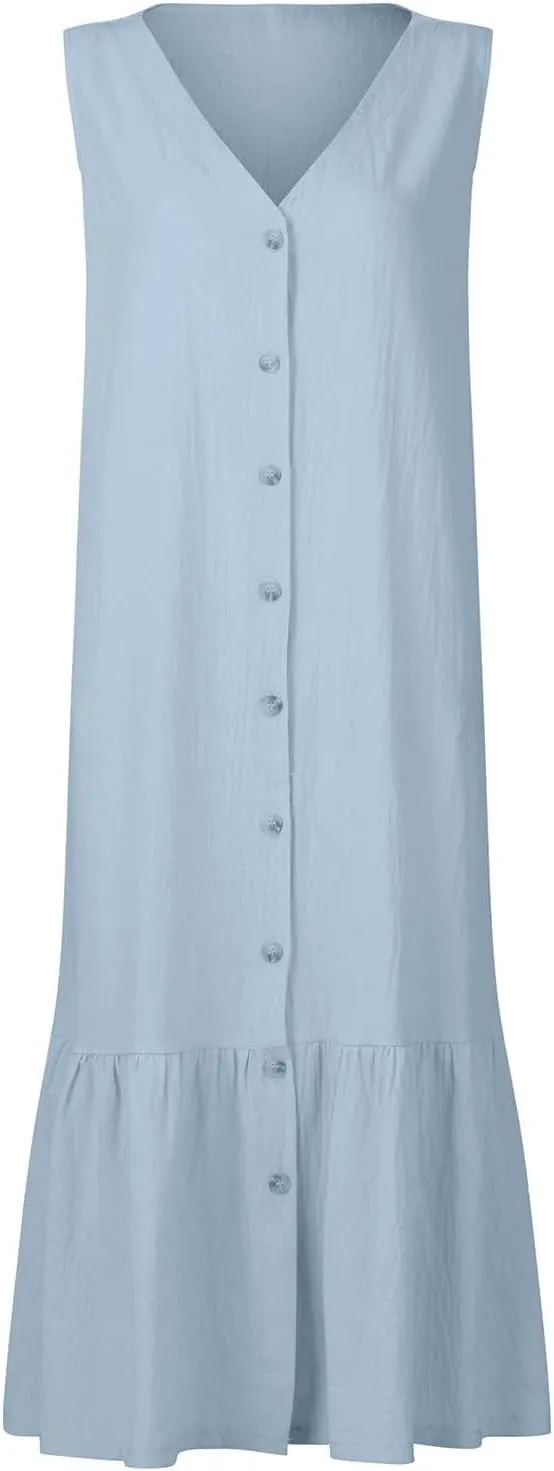 Geleglaer Linen Dresses for Womens Button Down Sleeveless Maxi Dress Casual Cotton Linen Tank Dress Summer Dress 2024