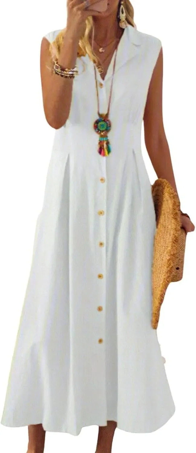 Geleglaer Linen Dresses for Womens Button Down Sleeveless Maxi Dress Casual Cotton Linen Tank Dress Summer Dress 2024