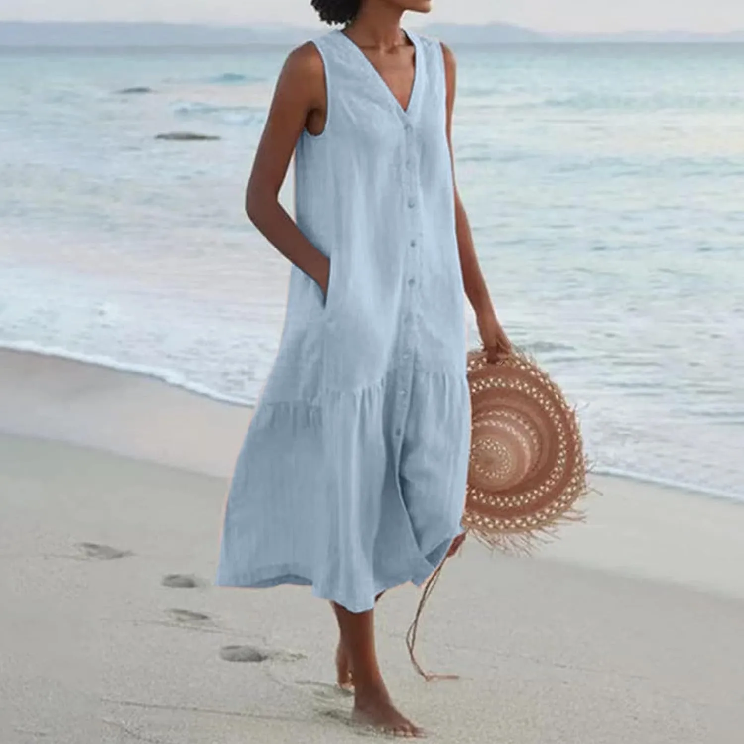 Geleglaer Linen Dresses for Womens Button Down Sleeveless Maxi Dress Casual Cotton Linen Tank Dress Summer Dress 2024