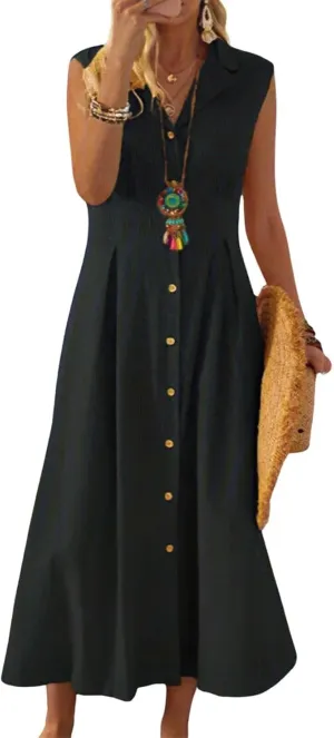 Geleglaer Linen Dresses for Womens Button Down Sleeveless Maxi Dress Casual Cotton Linen Tank Dress Summer Dress 2024