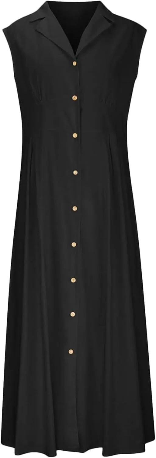 Geleglaer Linen Dresses for Womens Button Down Sleeveless Maxi Dress Casual Cotton Linen Tank Dress Summer Dress 2024